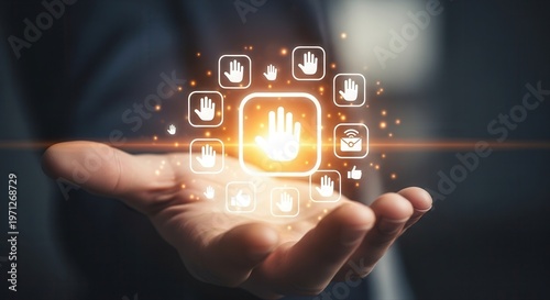 Open hand holding glowing Hand group icons, warm light center, dark background