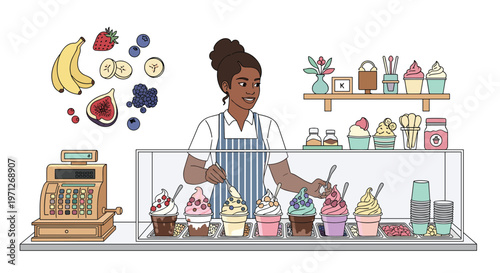 Friendly woman serving different flavors of fruit ice cream behind the counter of a colorful summer dessert parlor.