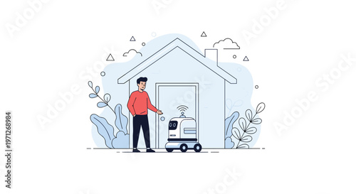 Young man at his front door welcoming an autonomous delivery robot carrying a package in a modern smart home neighborhood.