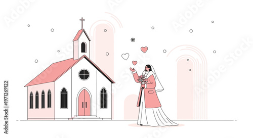 Bride with Bouquet and Hearts Outside Church, Wedding Ceremony Illustration