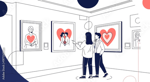 Couple admiring heart art in gallery, love and romance concept