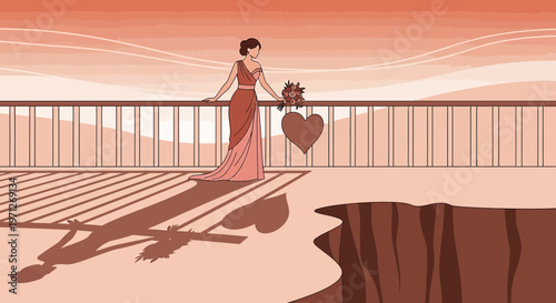 Bride with Bouquet on Bridge, Heart Shadow, Romantic Sunset Love Concept