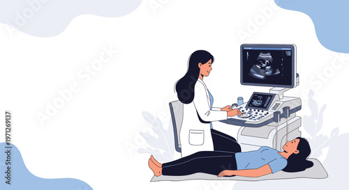 Female doctor performing a medical ultrasound examination for a pregnant woman in a bright professional hospital room.