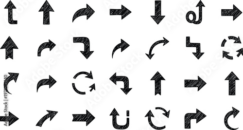 Collection of hand drawn black arrows diverse directions and styles for visual communication