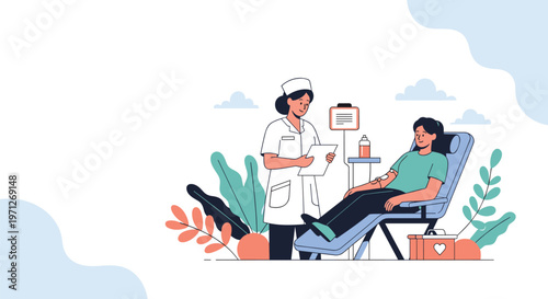 Professional nurse monitoring a female patient during a blood donation session at a modern healthcare clinic.