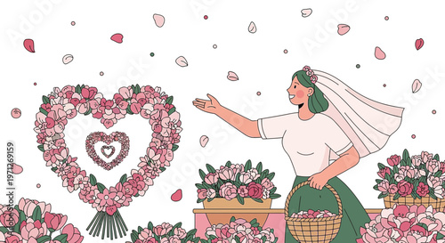 Bride with Flower Heart Garland, Petal Shower, Wedding Celebration