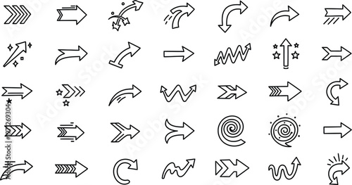 Collection of diverse black and white arrow icons representing direction and flow