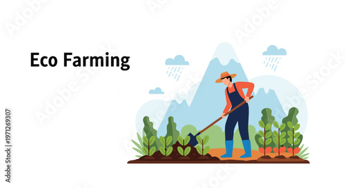 Man farming vegetables in a sustainable organic garden with beautiful mountains and rain clouds in the background.