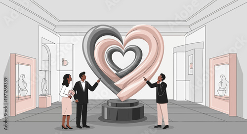Couple Admiring Abstract Heart Sculpture in Art Gallery
