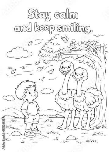 coloring book child staying calm with cute ostrich under the tree