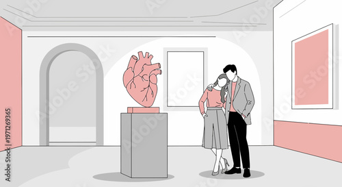 Couple Admiring Anatomical Heart Sculpture in Art Gallery