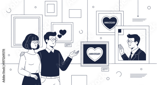 Couple admiring anniversary art in gallery, love hearts illustration