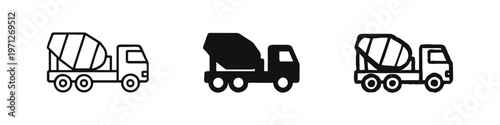 Concrete Mixer Truck Icons Set. Cement Transport Vehicle Symbols for Construction.