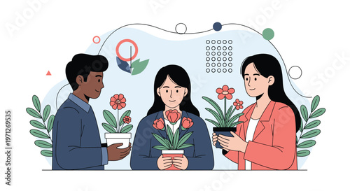 Group of diverse people holding potted plants with pink flowers in a peaceful and cooperative flat vector illustration.