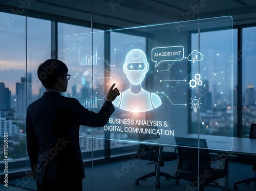 Entrepreneur Analyzing Digital Communication via AI Assistant - Business Analysis and Workflow Automation Interface - Silhouette of Professional Interacting with Futuristic Hologram in Night Office.