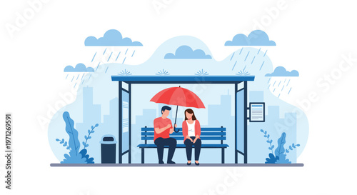 Man and woman sharing an umbrella at a city bus stop while it rains under a cloudy blue sky with modern city silhouettes.