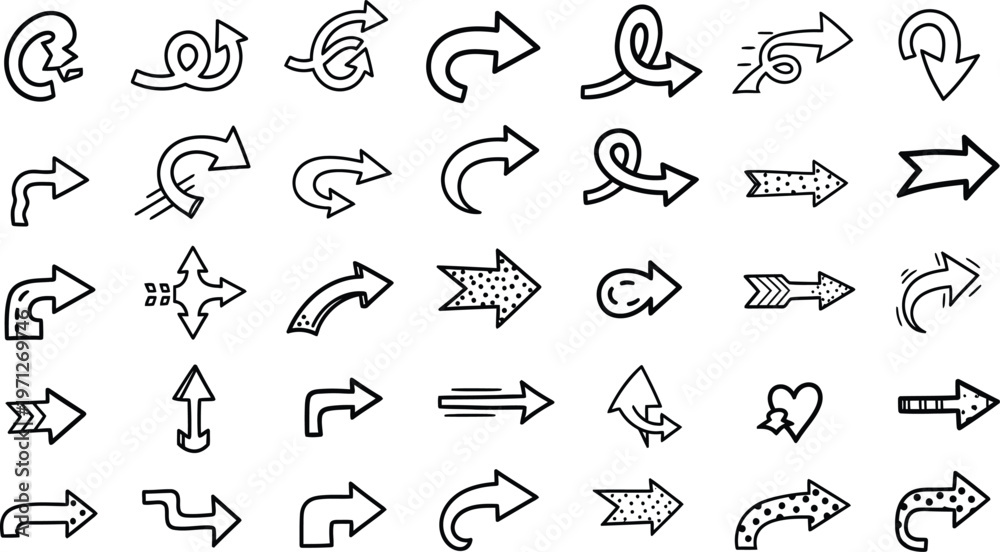 Naklejka premium Collection of hand drawn arrow icons diverse directions and styles for design projects