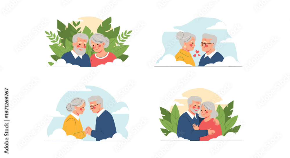 Fototapeta premium Collection of four illustrations showing happy elderly couples being romantic and affectionate in various outdoor settings.
