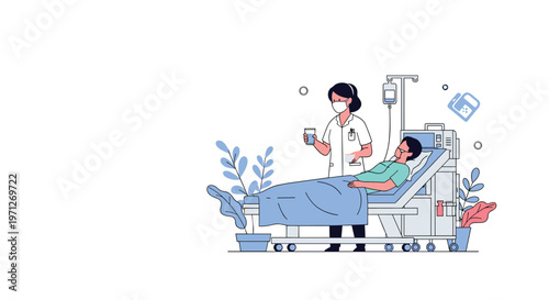 Female nurse wearing a face mask providing care to a male patient lying in a hospital bed with an IV drip and monitor.