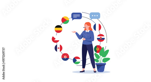 Woman standing before a circle of diverse international flags with speech bubbles, representing translation and languages.