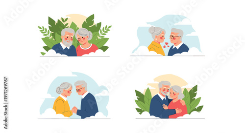 Collection of four illustrations showing happy elderly couples being romantic and affectionate in various outdoor settings.