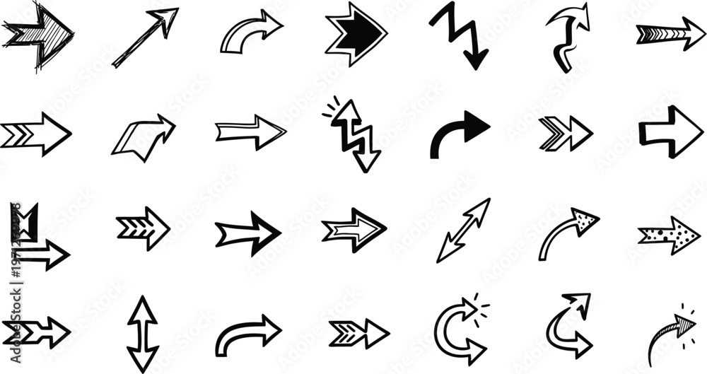 Naklejka premium Collection of black and white hand drawn arrow icons and directional symbols