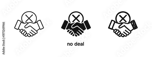 No Deal Handshake Icons Set. Agreement Refusal or Broken Contract Symbols.