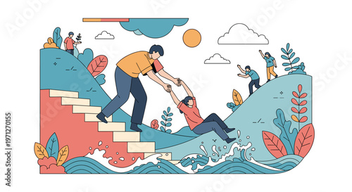 Man helping a woman climb up a set of stairs while she reaches out from water in a dynamic outdoor landscape scene.