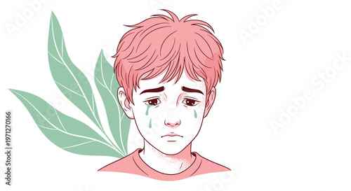 Sad young boy with pink hair crying with green leaves in the background, symbolizing childhood emotions and distress.