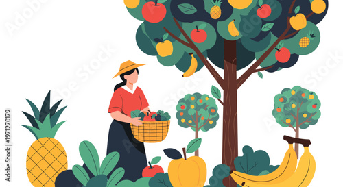 Woman in a straw hat picking a variety of fruits from a large tree and collecting them in a wooden woven basket.