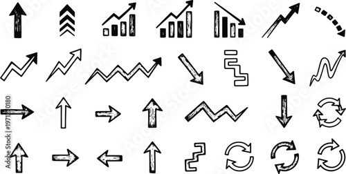 Collection of hand drawn business growth and directional arrow icons in black and white