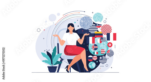 Elegant woman sitting surrounded by many national flags and colorful planets, representing global diversity and unity.