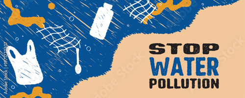 Stop water pollution. Plastic trash and oil on the sea. Environment pollution.