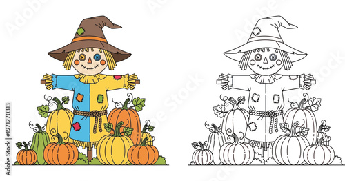 Cute Scarecrow Standing in Pumpkin Patch Illustration with Outline Coloring Page Version for Harvest Season, Thanksgiving, and Autumn Festival Creative Projects