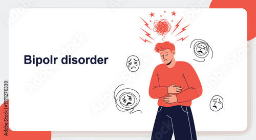 Distressed man in a red sweater with symbols of anger and confusion above his head next to the words Bipolr disorder.