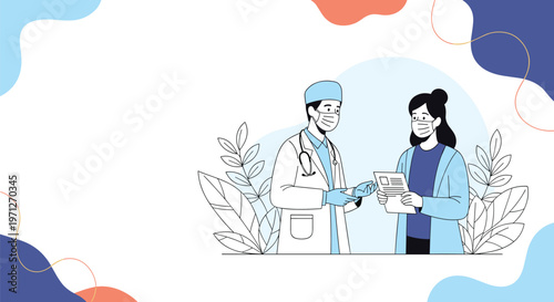 Doctor in scrubs and a mask talking to a female patient about her medical results in a clean professional hospital setting.