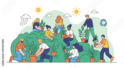 Large group of people working together to plant many trees and flowers in a park on a sunny day with some clouds and rain.