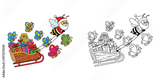 Christmas Santa Bee Pulling Sleigh with Gifts and Butterflies Coloring Page Illustration for Kids