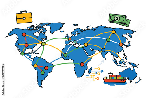 Global trade and business network routes across continents