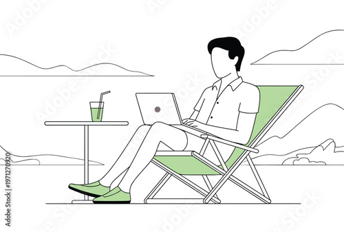 Digital Nomad Working Outdoors with Laptop Relaxed Lifestyle. Remote Work Lifestyle in Nature with Laptop and Leisure.