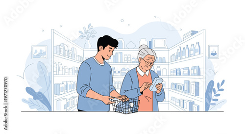 Kind young man helping a senior woman select items in a grocery store aisle while she checks her list on a mobile phone.