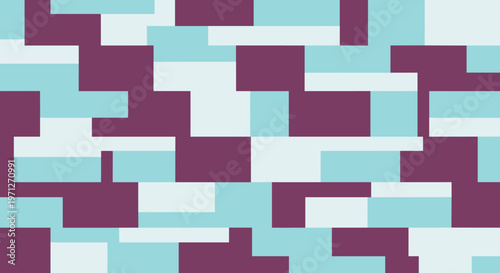 Abstract design with turquoise and purple rectangles in glitch background  