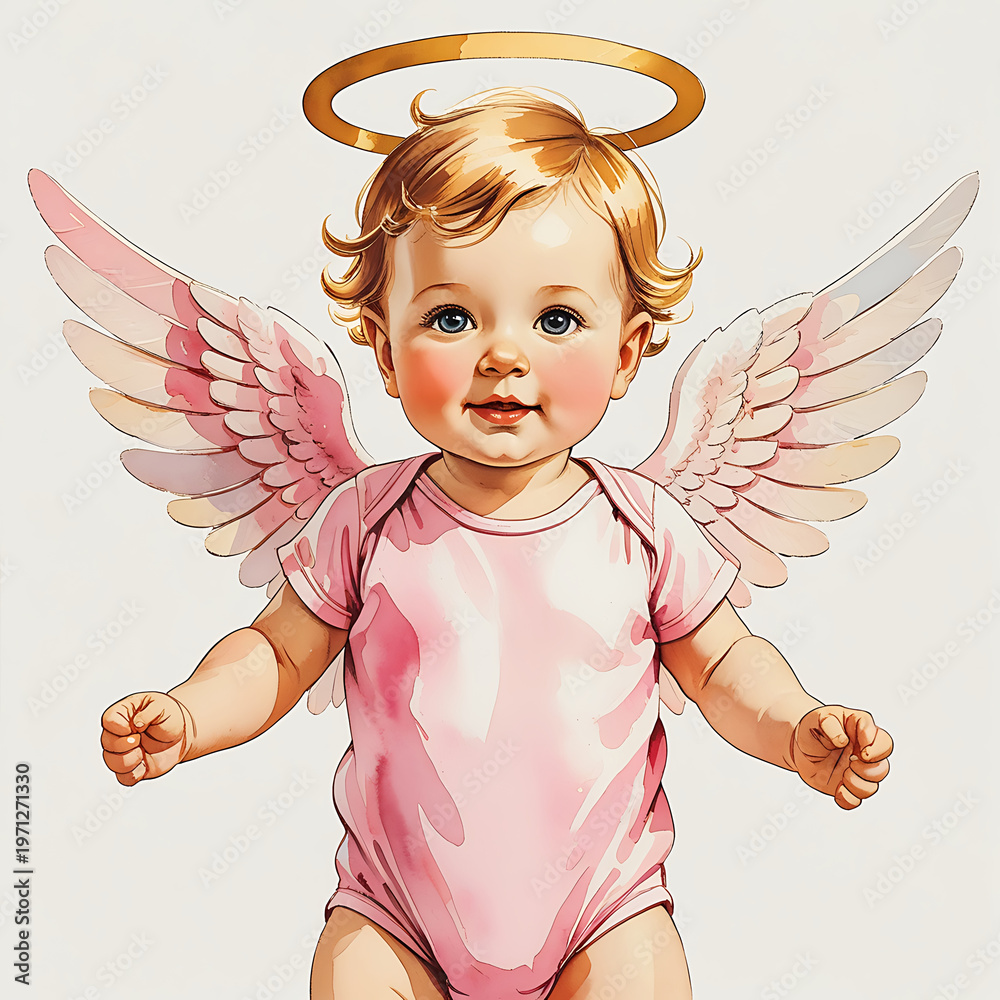 Fototapeta premium Adorable baby angel cherub with golden halo and pink wings wearing a pink onesie in a light background illustration for nursery decor or religious celebration.