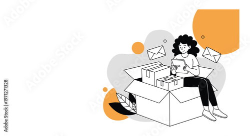 Happy woman sitting on a large open cardboard box and using a digital tablet while several mail envelopes fly around her.