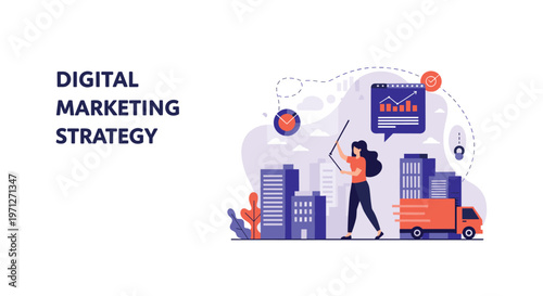 Professional woman pointing to digital marketing strategy data charts and city buildings to explain business growth concepts.