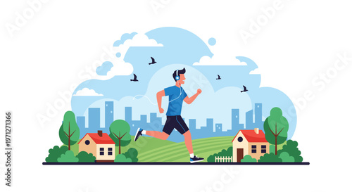 Active man jogging through a peaceful suburban neighborhood with green hills, houses, and birds flying in the cloudy sky.