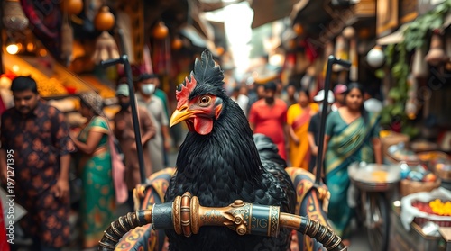 Colorful rooster standing on green grass isolated on white background
