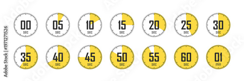 Stopwatch Timer Icon Set with Circular Countdown Dial 0 to 60 Seconds Yellow Vector