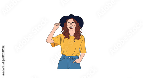 Stylish young woman with curly hair wearing a hat, glasses, and a yellow shirt smiling and looking at the camera.