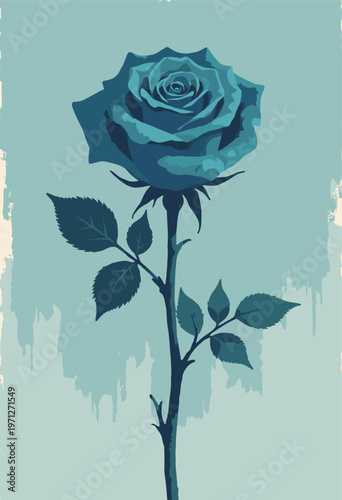 minimalist flat illustration single blue rose drooping significantly Heavy vertical gloom lines hatching background Pure despair concept Teal charcoal grey colors Room text